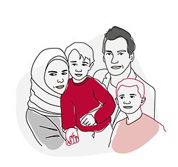 Familj med två barn. Illustration: Migrationsverket.